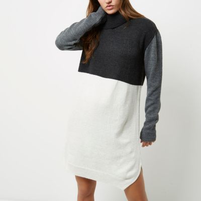 Grey colour block knitted jumper dress